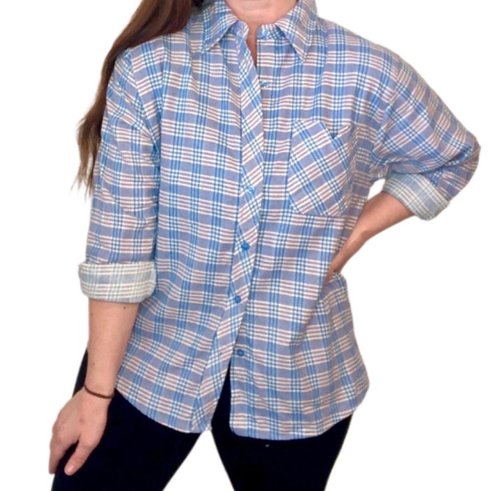 Vintage Plaid Blue White Peachy Pink Button-down Collared Casual Shirt Large